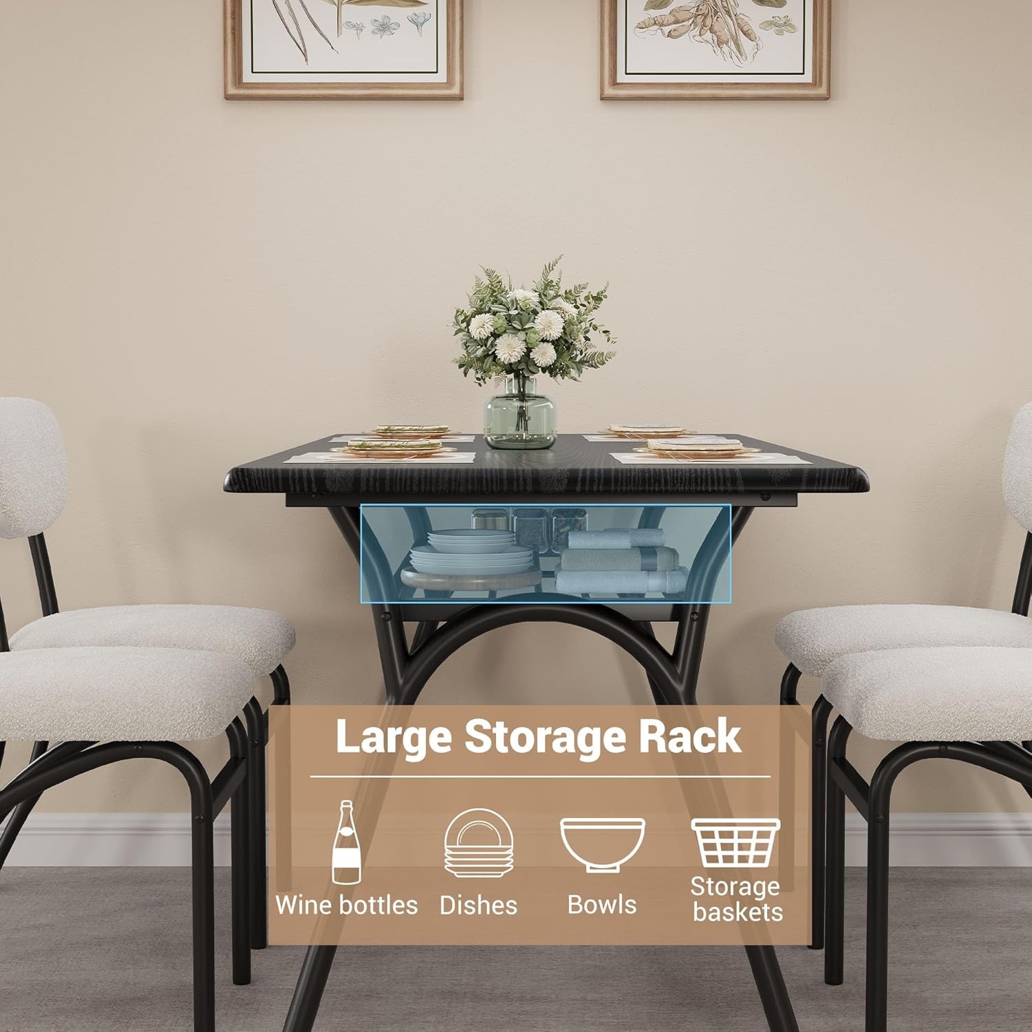 Perfect Space Solution, 4-Person Dining Set W/ Storage Rack, Grey Chair & Marble