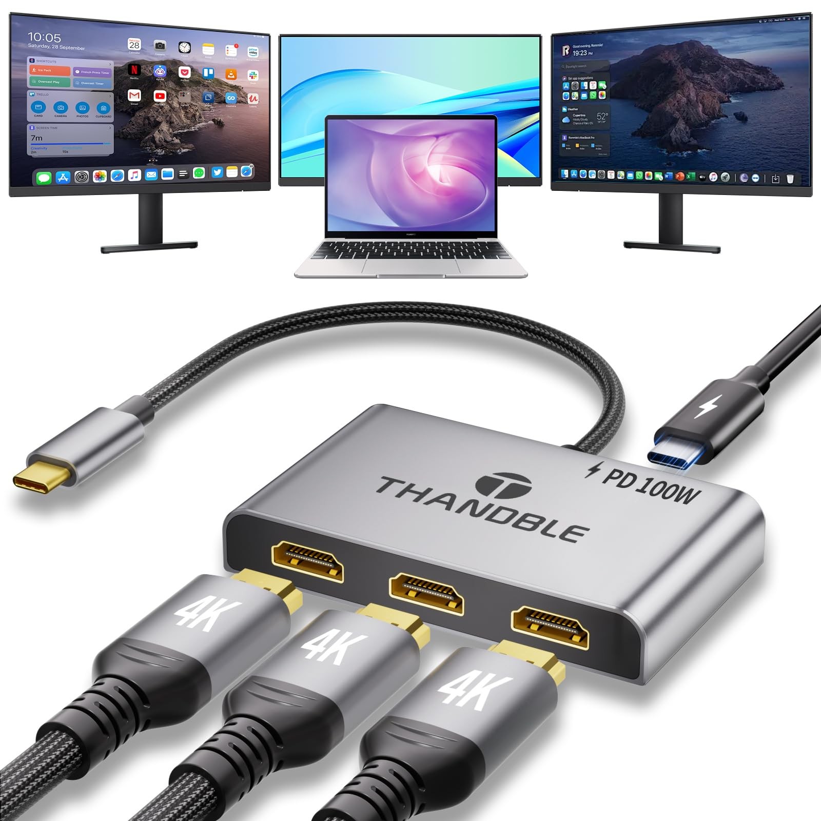 USB C to 3 HDMI Adapter with 100W PD Charging, Triple 4K60Hz Monitor Extender...