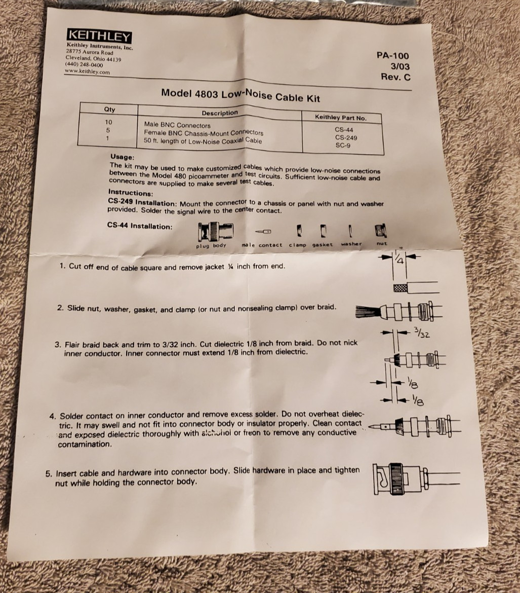 Keithley 4803 Low Noise Cable Kit – NEW