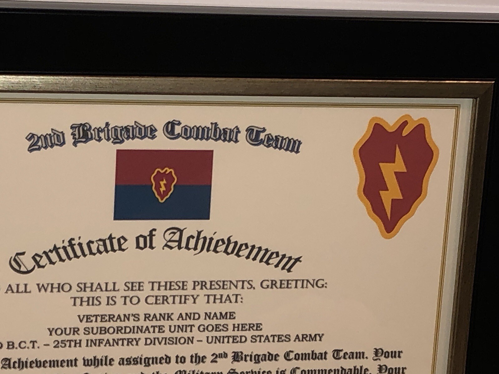 2ND B.C.T. / 25TH INFANTRY DIVISION (COMMEMORATIVE CERTIFICATE)