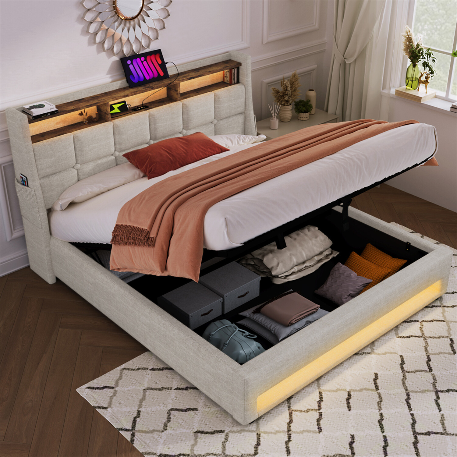 Queen Size LED Bed Frame Upholstered Platform Bed w/ Hydraulic Storage System US