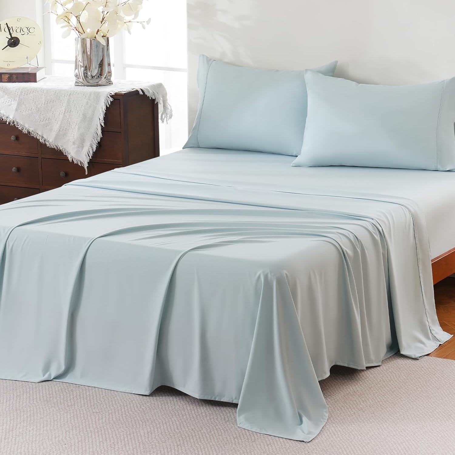 Full Sheet Set,4 Pieces Hotel Luxury Breathable Soft Microfiber Bedsheets Anti