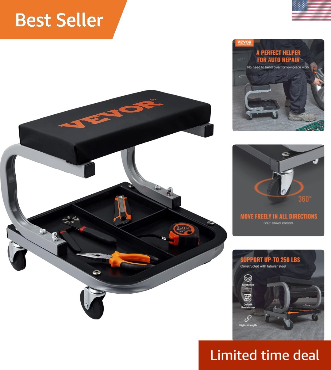 360-Degree Heavy-Duty Mechanic Chair with Large Tool Tray for Efficient Workflow