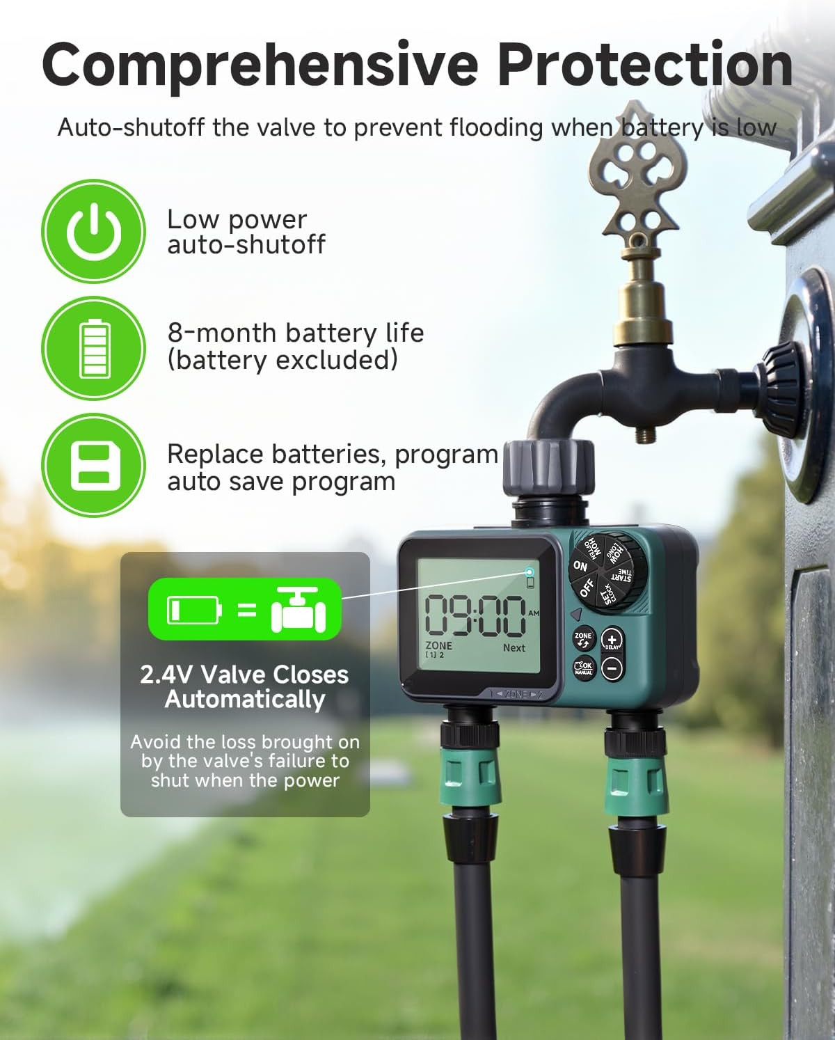 Sprinkler Timer 2 Zone & Digital Water Timer for Garden Hose, Yard, Lawn, Pool