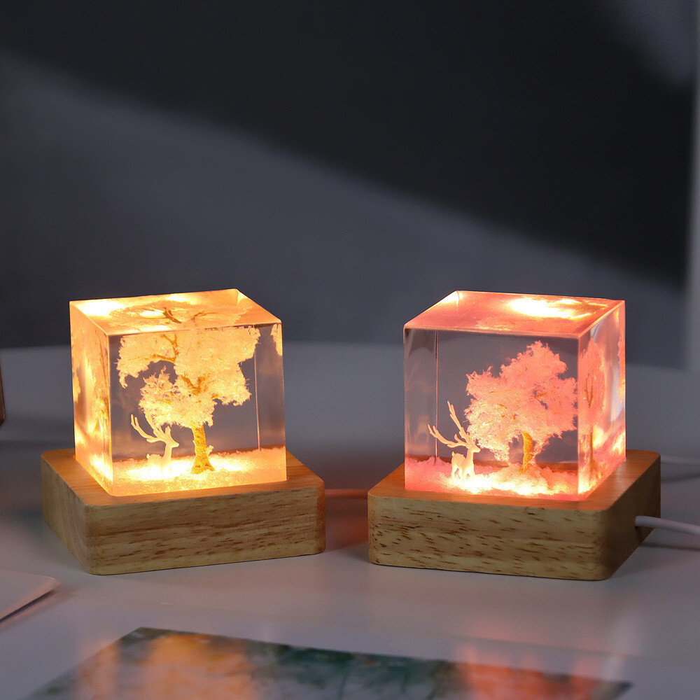 White Deer Sakura Tree Night Light – Romantic USB Resin Desk Decor