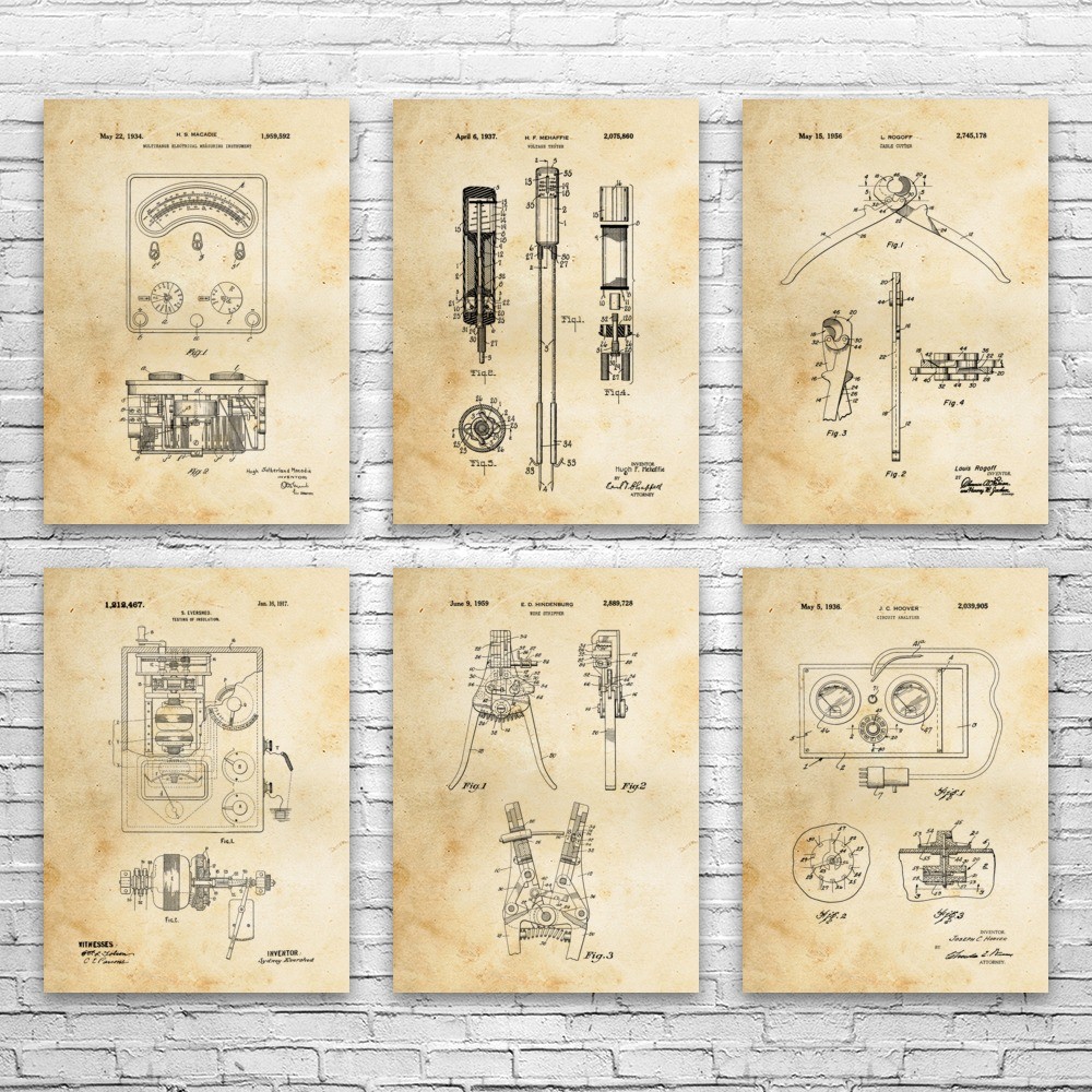 Electrician Patent Wall Art Set of 6 Poster, Canvas or Framed Journeyman Gift