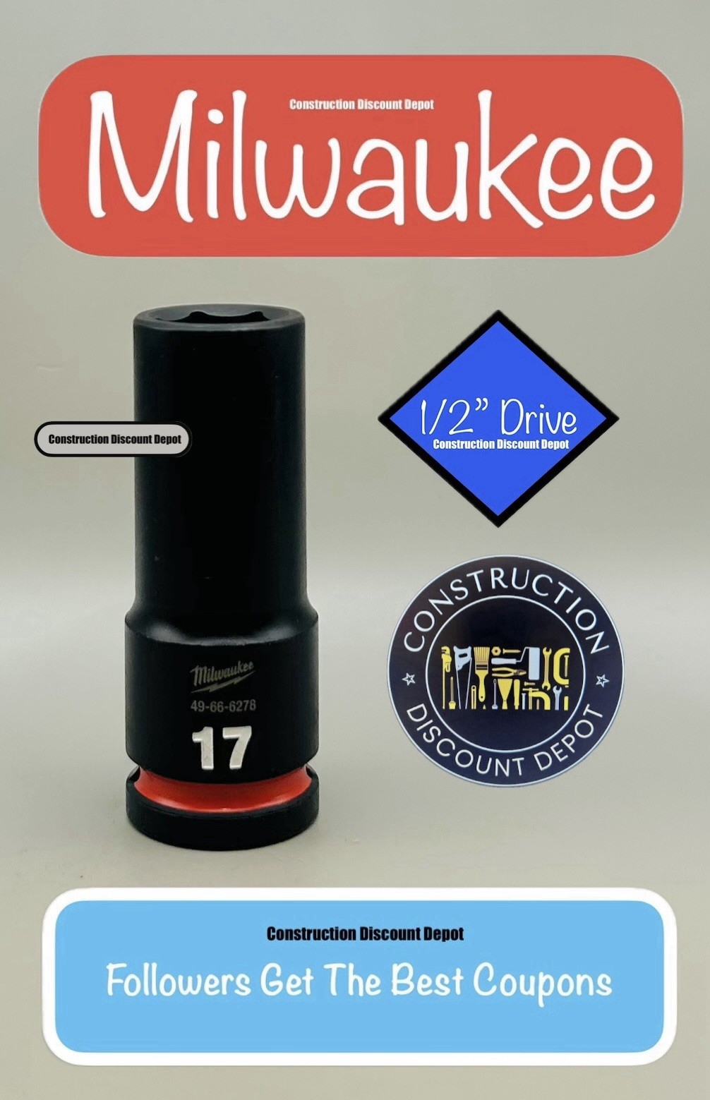 Milwaukee 49-66-6278 17MM Shockwave Impact Duty 1/2" Drive Deep Socket 17 mm