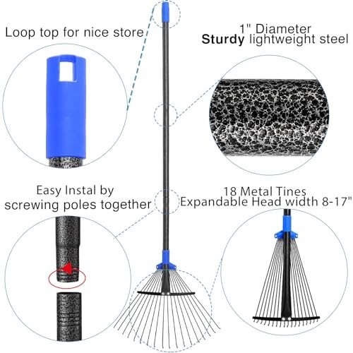 Adjustable Metal Leaf Rake with Long Handle - Heavy Duty Expandable Garden Rake
