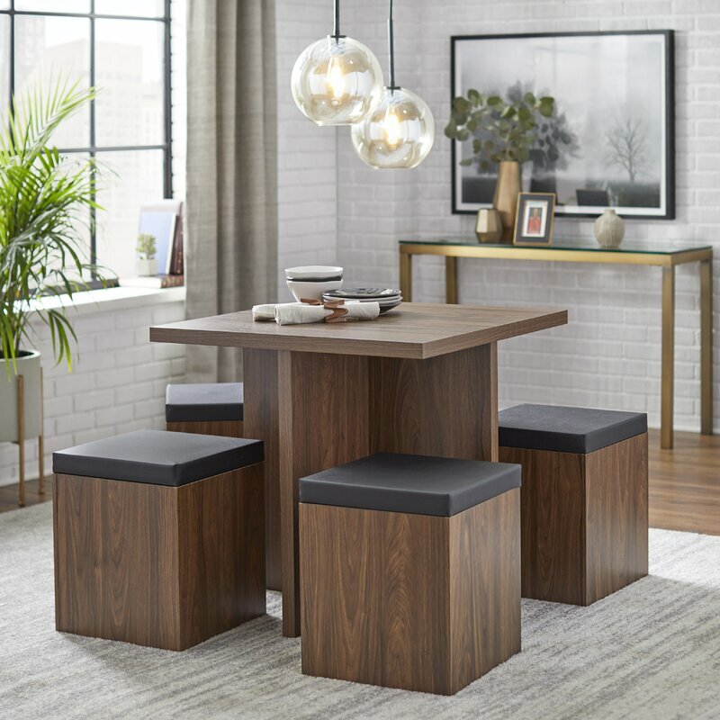 Walnut Brown Wooden 5 pc Dining Set 4 Storage Stools Table Kitchen Nook Dinette