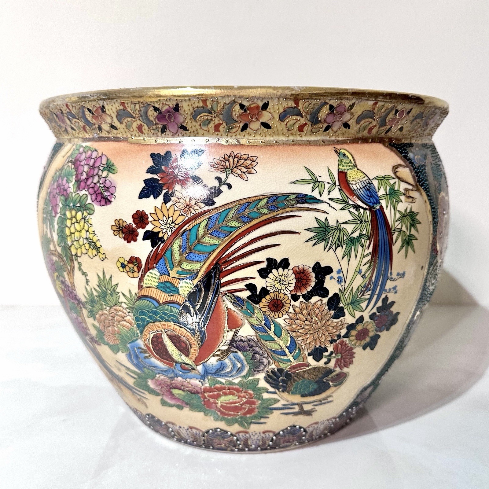 Vtg Fish Bowl Planter Satsuma Style Bird Floral Hand Painted Crackle Glaze 12”