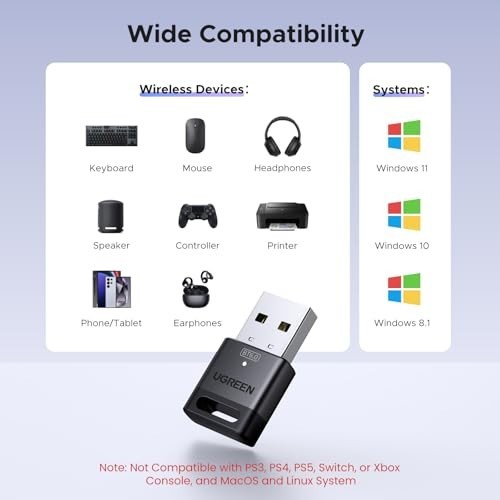 UGREEN USB Bluetooth Adapter for PC, Bluetooth 6.0 Dongle Receiver EDR & BLE, Pl
