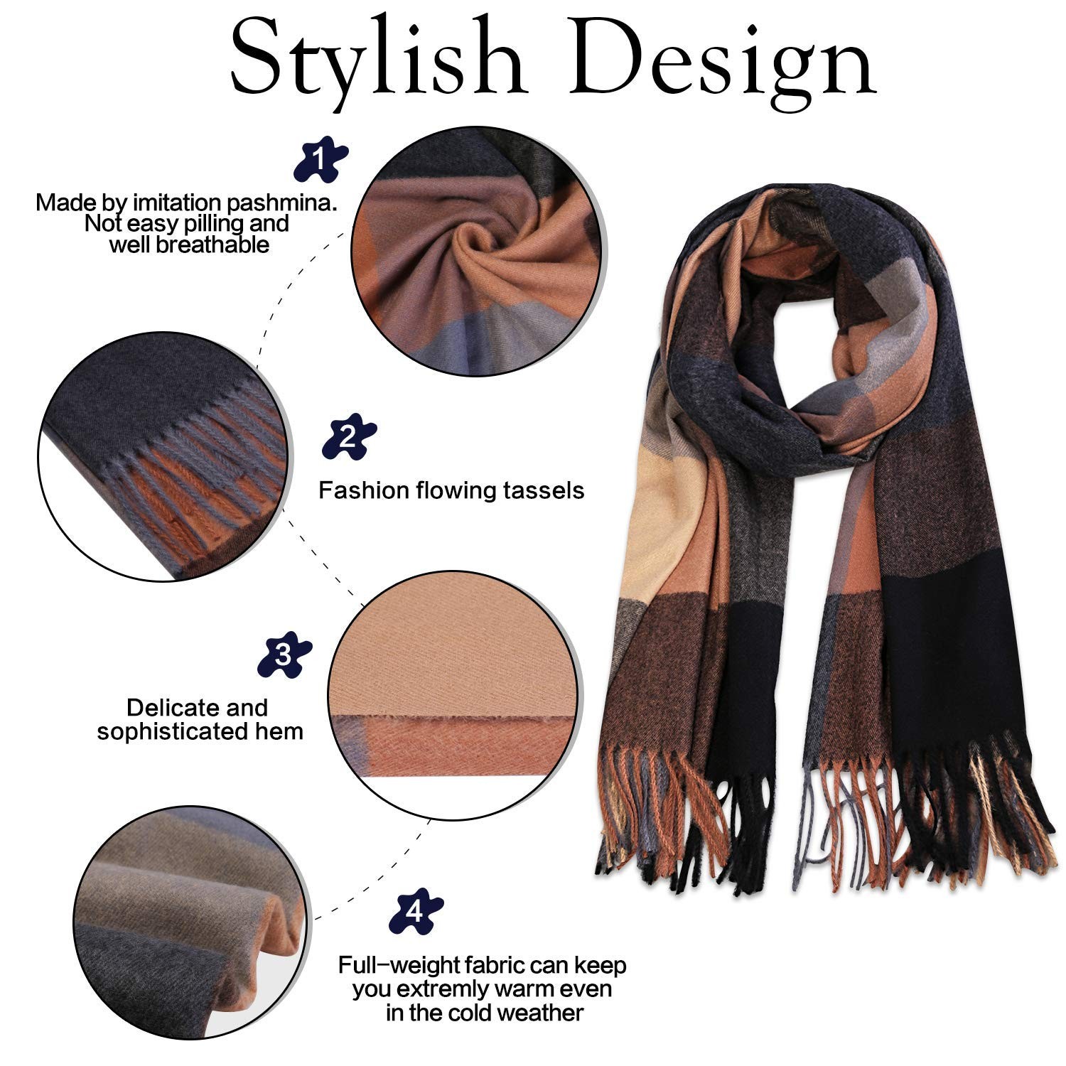 Plaid Oversized Scarf Shawl Wrap - Warm Large Camel Black Womens Gift