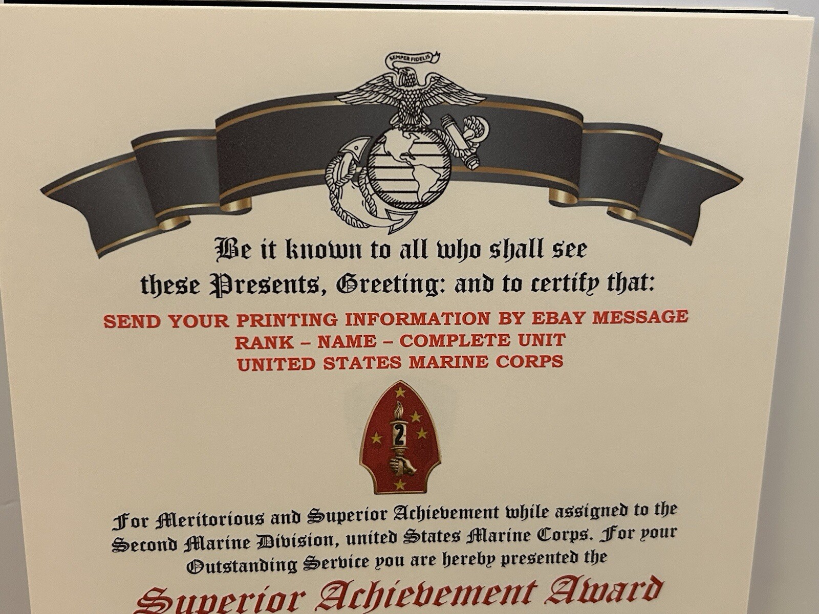 U.S. MARINES / 2ND MARINE DIVISION - SUPERIOR ACHIEVEMENT AWARD CERTIFICATE