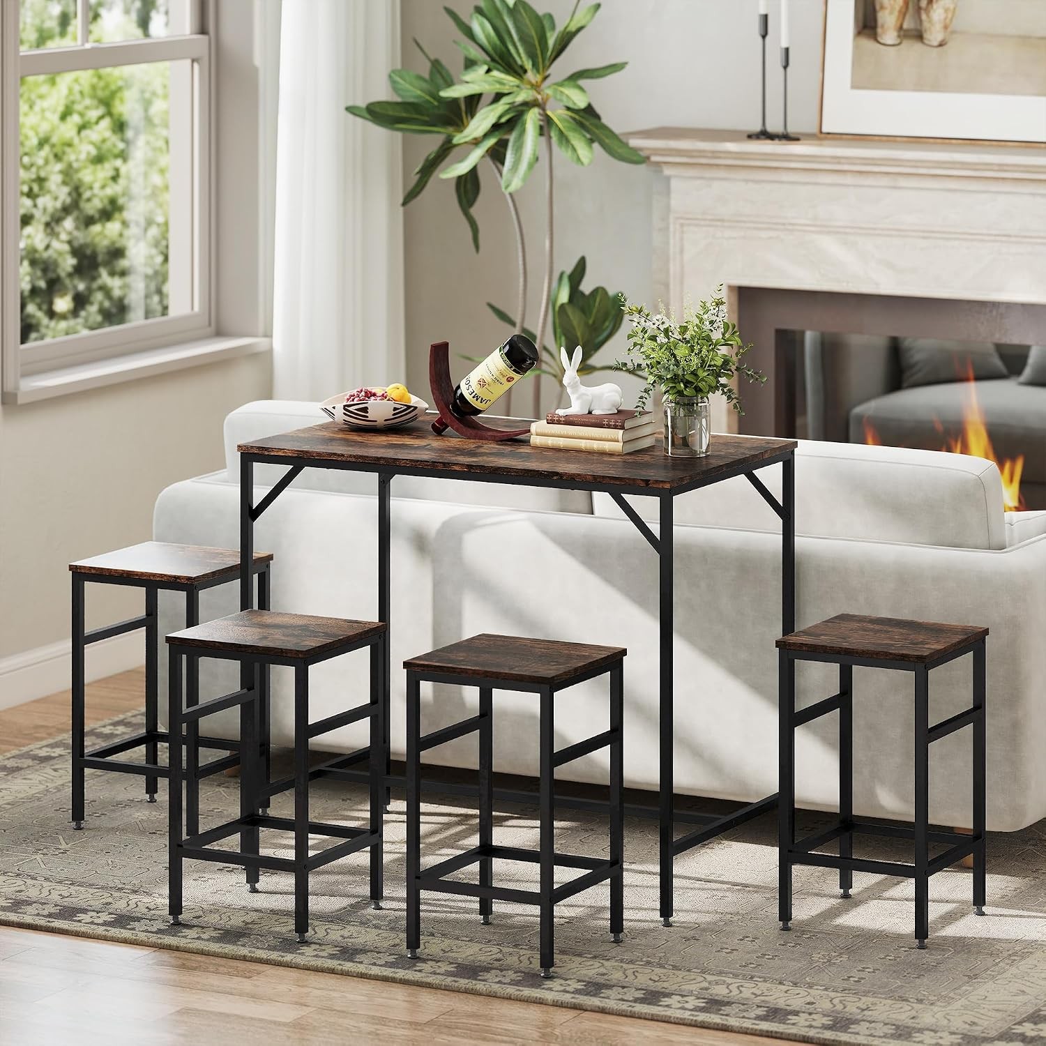 5-Piece Industrial Dining Table Set, Bar Table & 4 Stools Set, Space Saving for