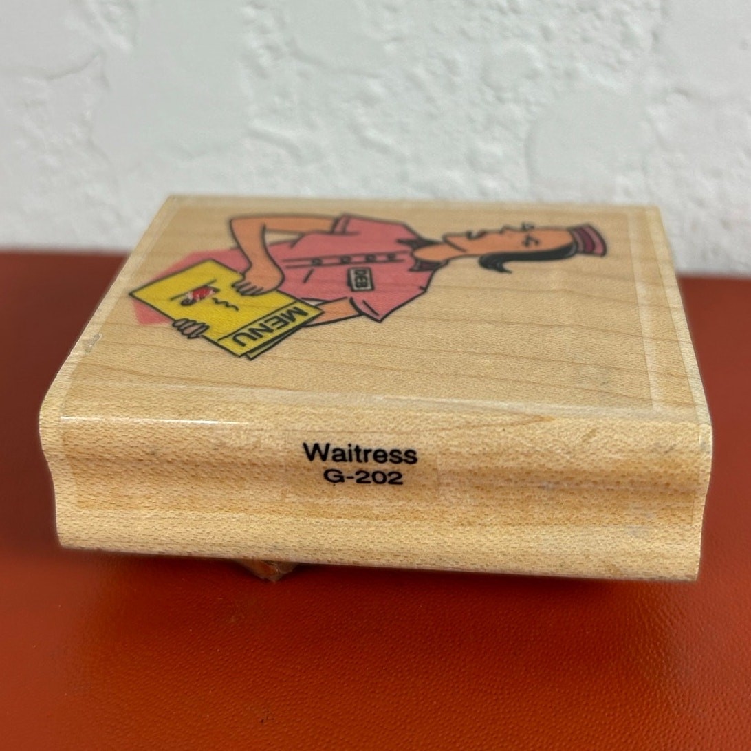 Vtg American Art Wood Mounted Rubber Stamp-Grumpy Waitress Menu - preowned