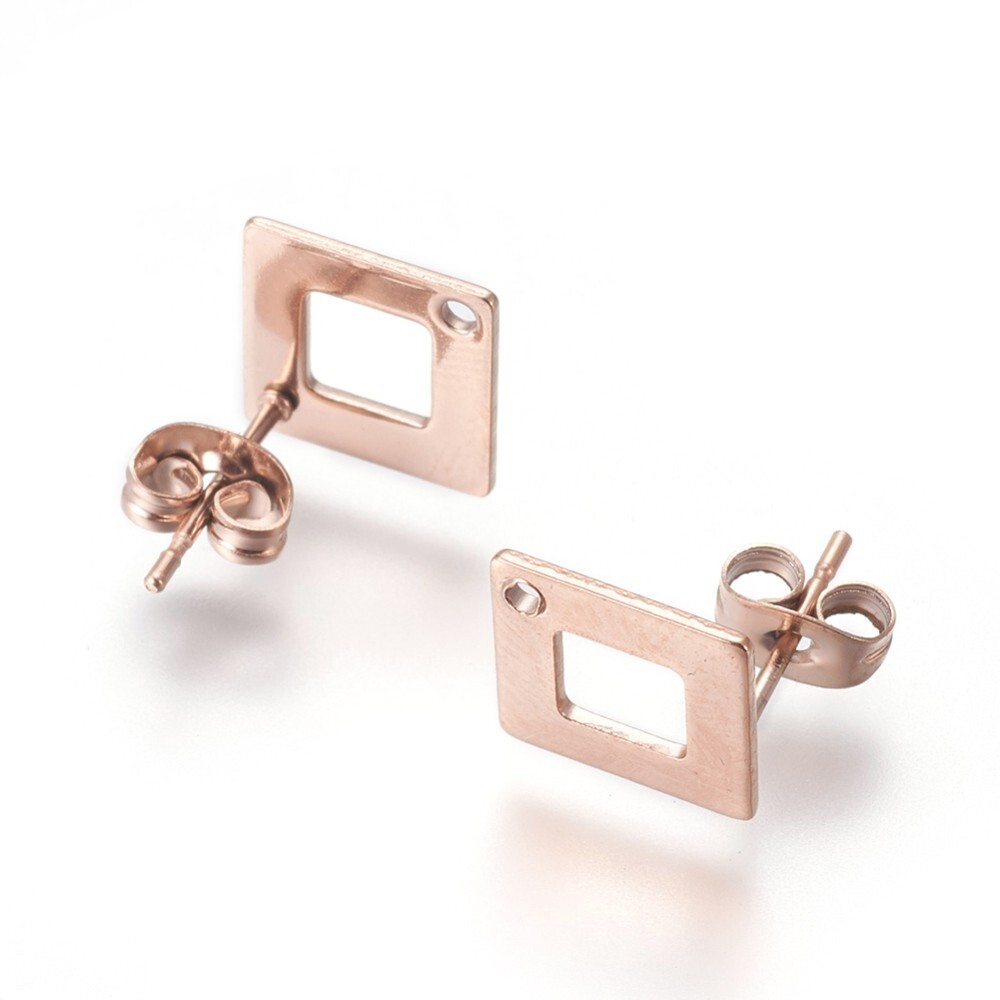10 pc 14x14mm 304 Stainless Steel Rhombus Earring Posts/Studs - Rose Gold Ion IP