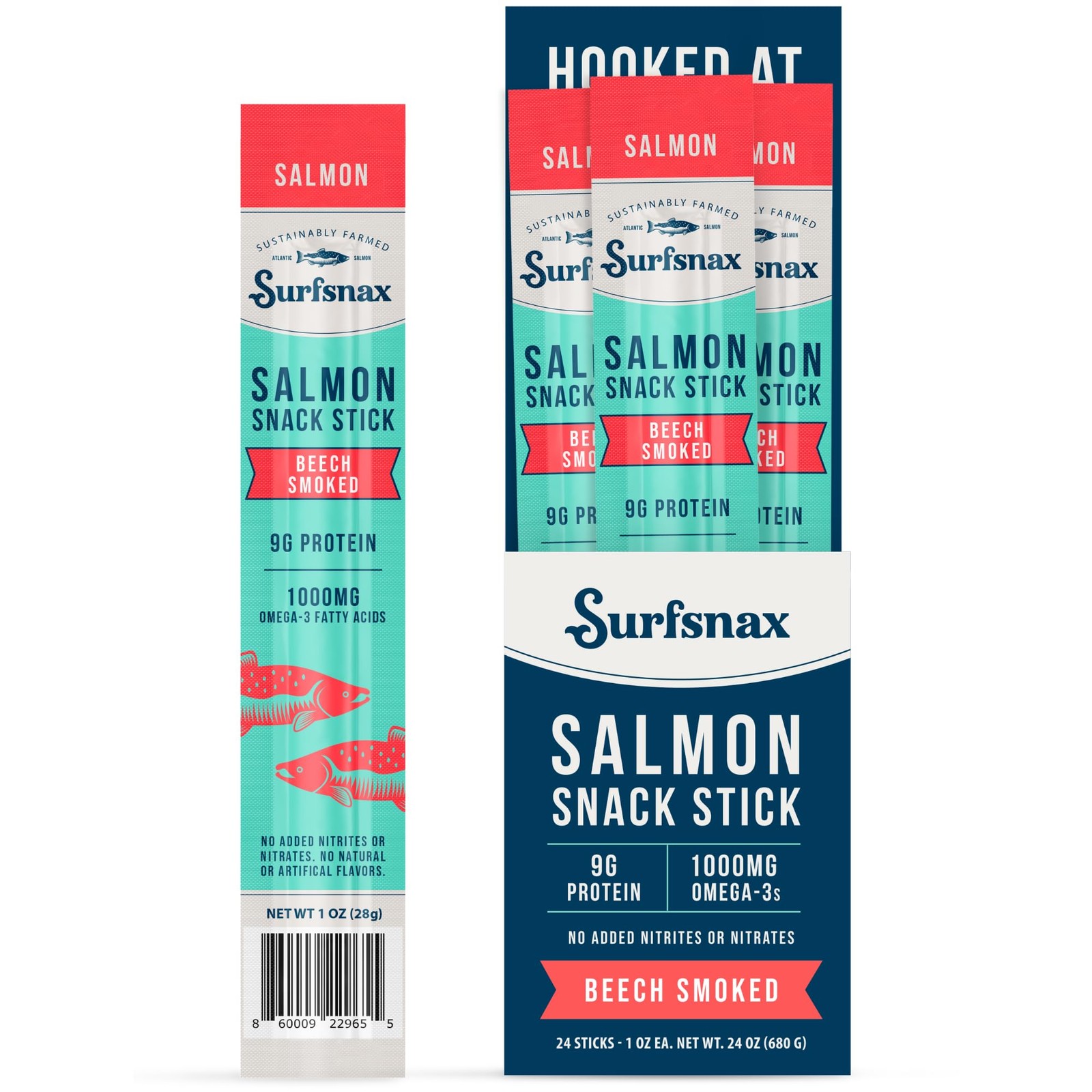 Surfsnax Salmon Jerky Snack Sticks  Sustainably Farmed Beechwood Smoked Salmo...