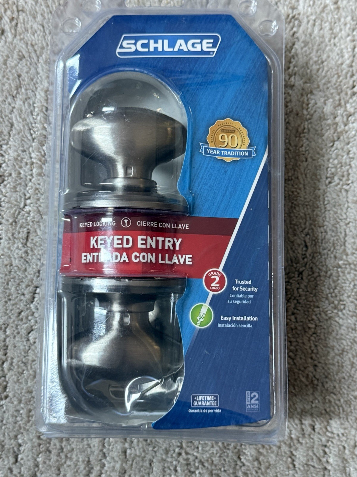 Schlage Siena Keyed Entry Door Knob, Satin Nickel, Round, F51VSIE619