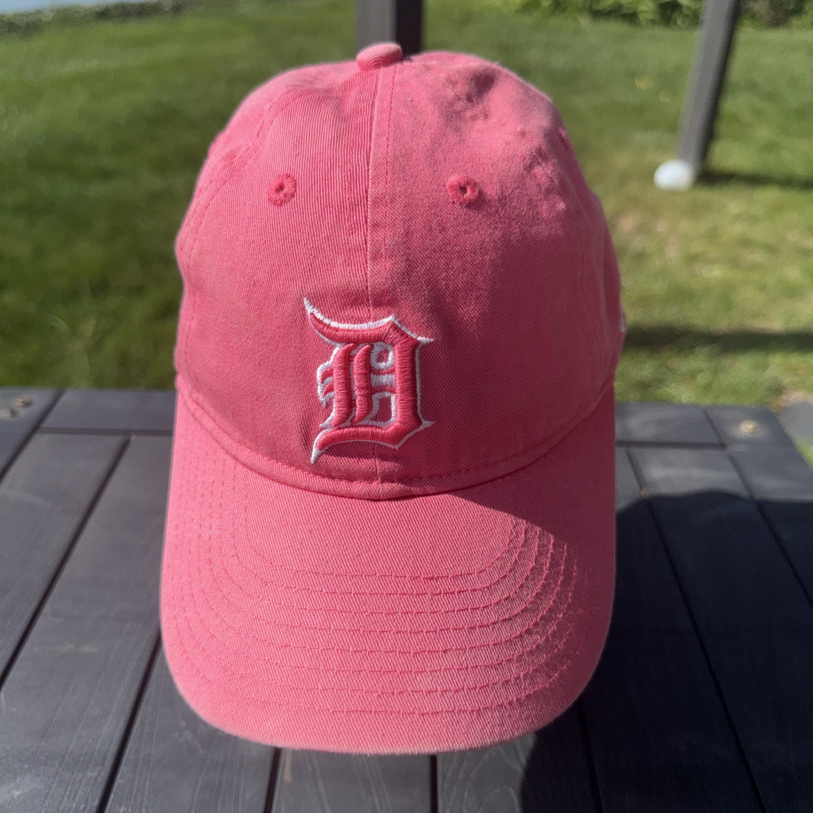 Detroit Script D in Pink White on Pink Youth Hat Cap New Era 9FORTY Strap Buckle