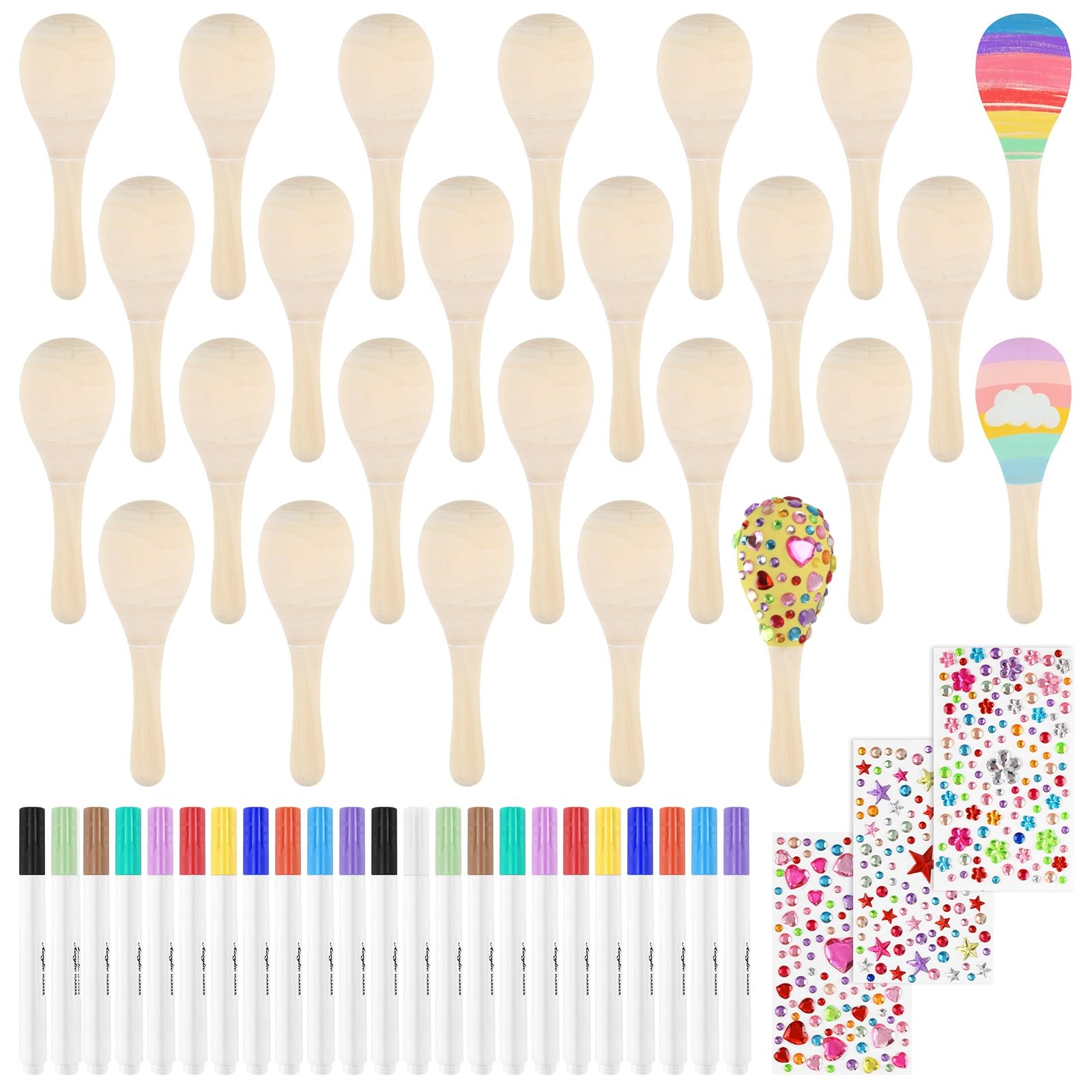15 Pcs Mini Wooden Maracas for Kids Unfinished Wood Maracas Bulk with 15 Pcs ...