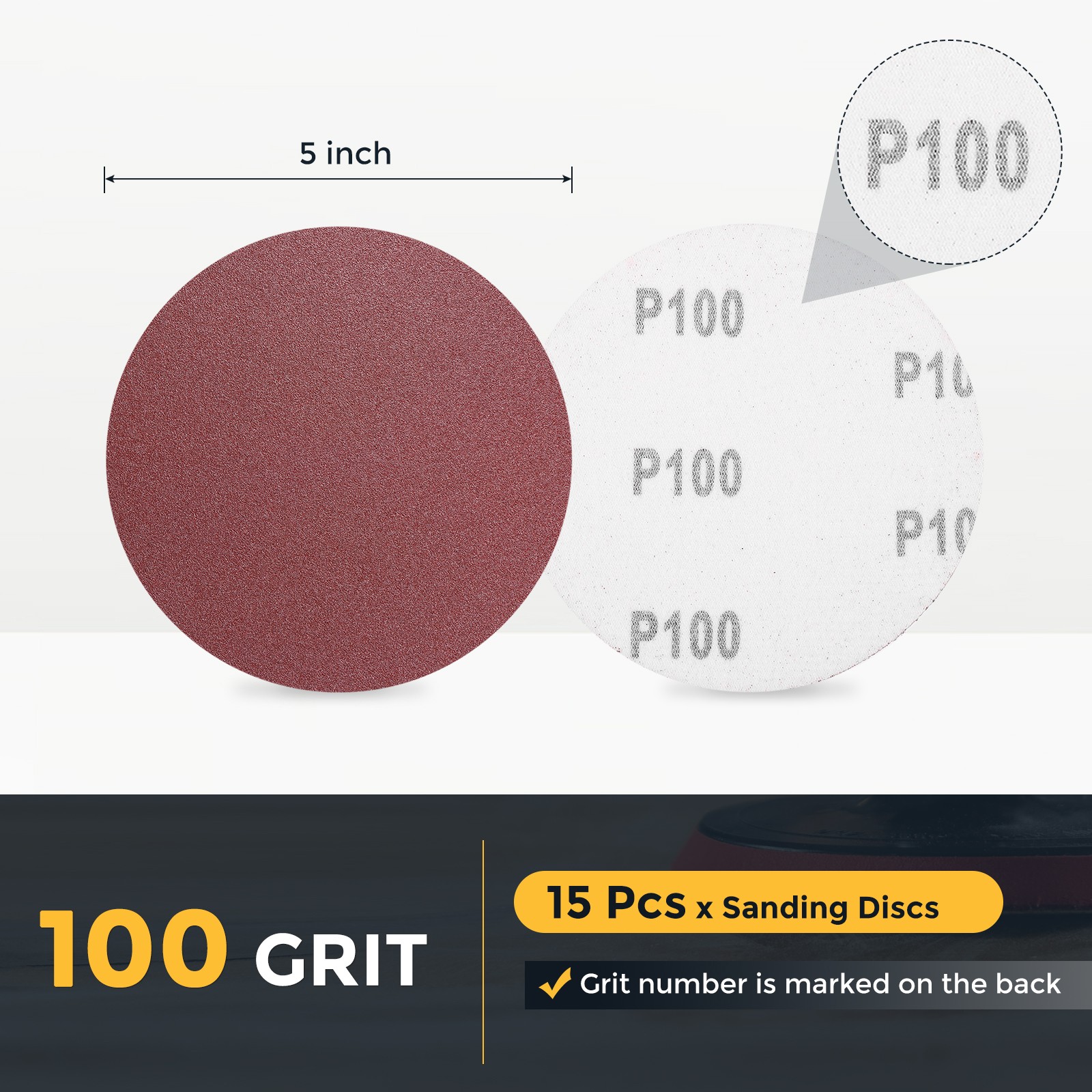 15 Pcs 5 Inch Sanding Disc 100 Grit Hook and Loop Sandpaper
