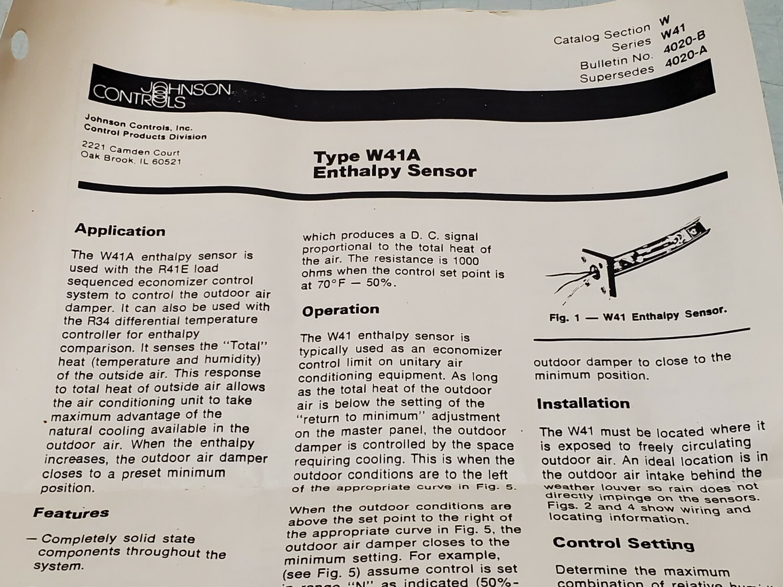 Johnson Controls W41A Enthalpy Sensor