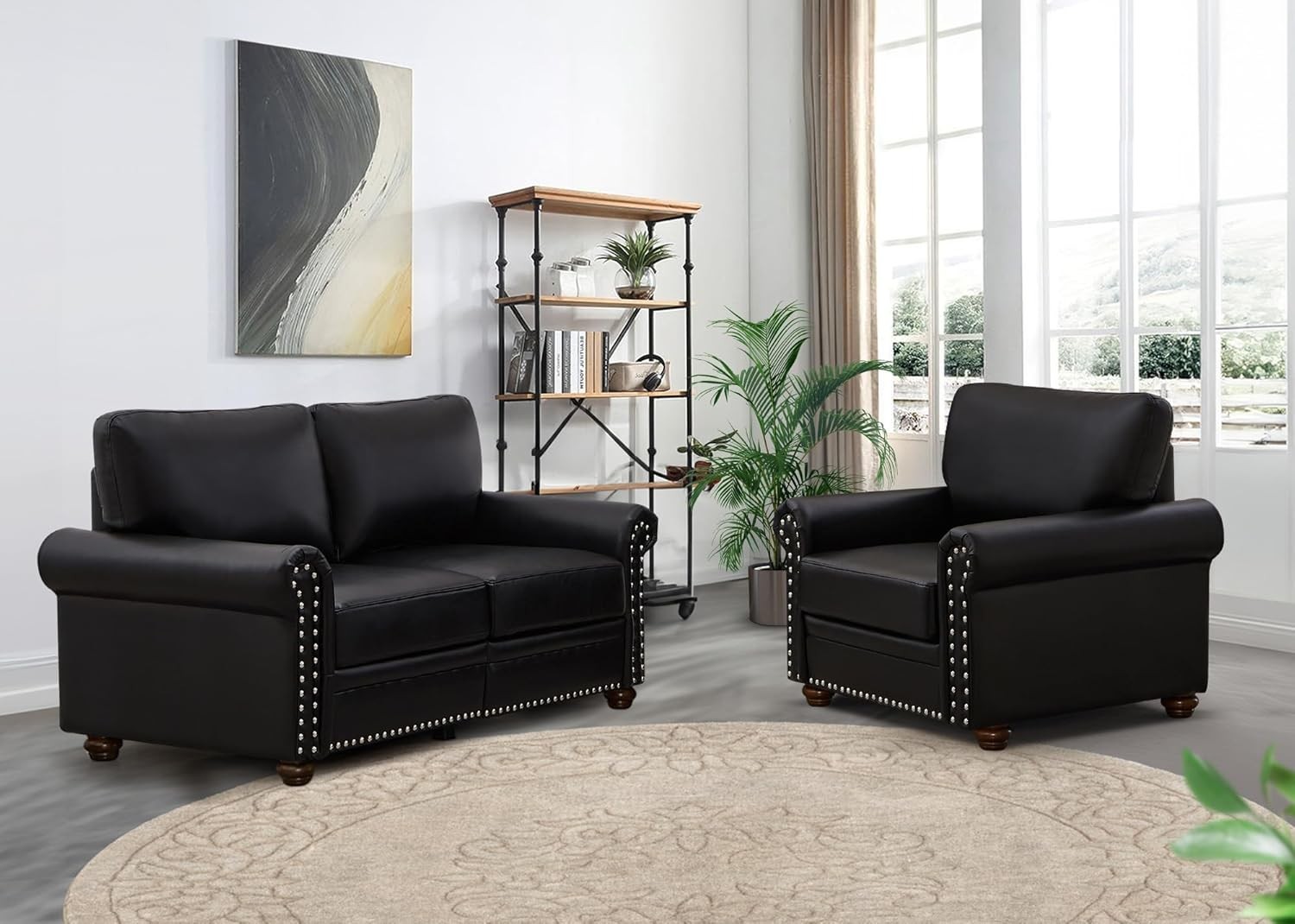 2 Piece Faux Leather Sofa Set, Loveseat & Accent Armchair with Nailhead Trim