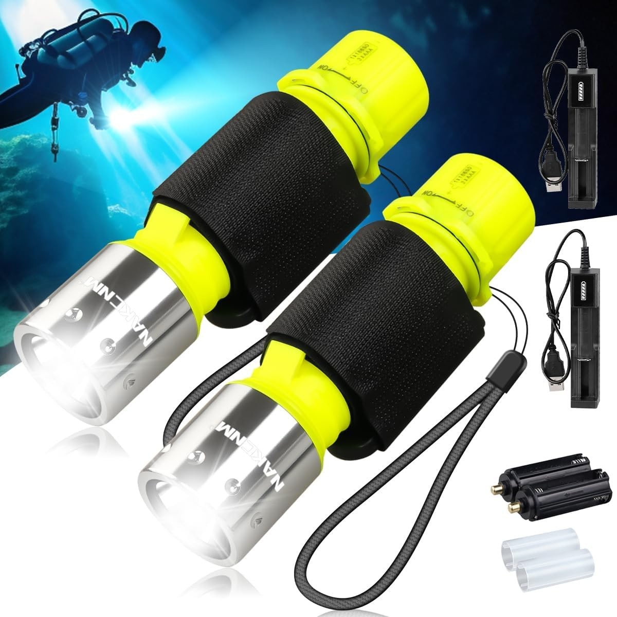 2 Pack Diving Flashlight Underwater LED Scuba Dive Lights IPX8 Waterproof T6