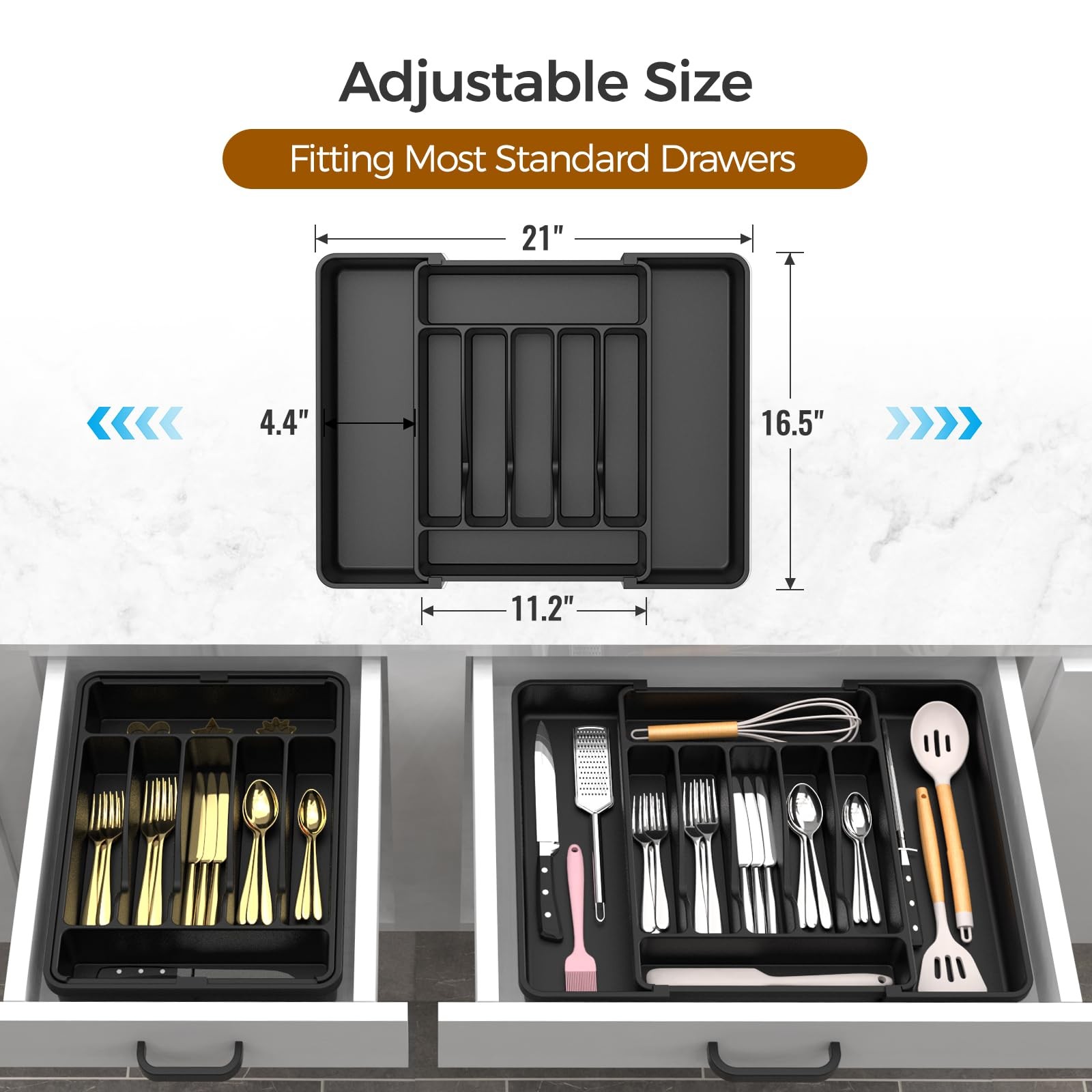 ukeetap Extra Large Expandable Silverware Organizer, BPA-Free Food-Safe Black