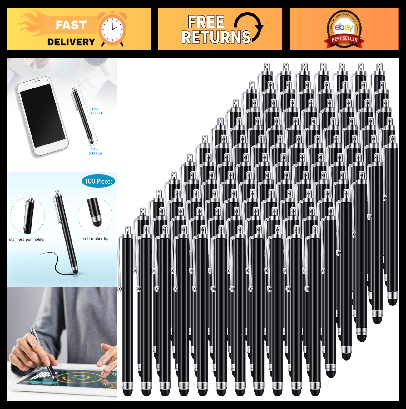 100-Pack Universal Capacitive Stylus Pens for Touch Screens - Compatible with Ta