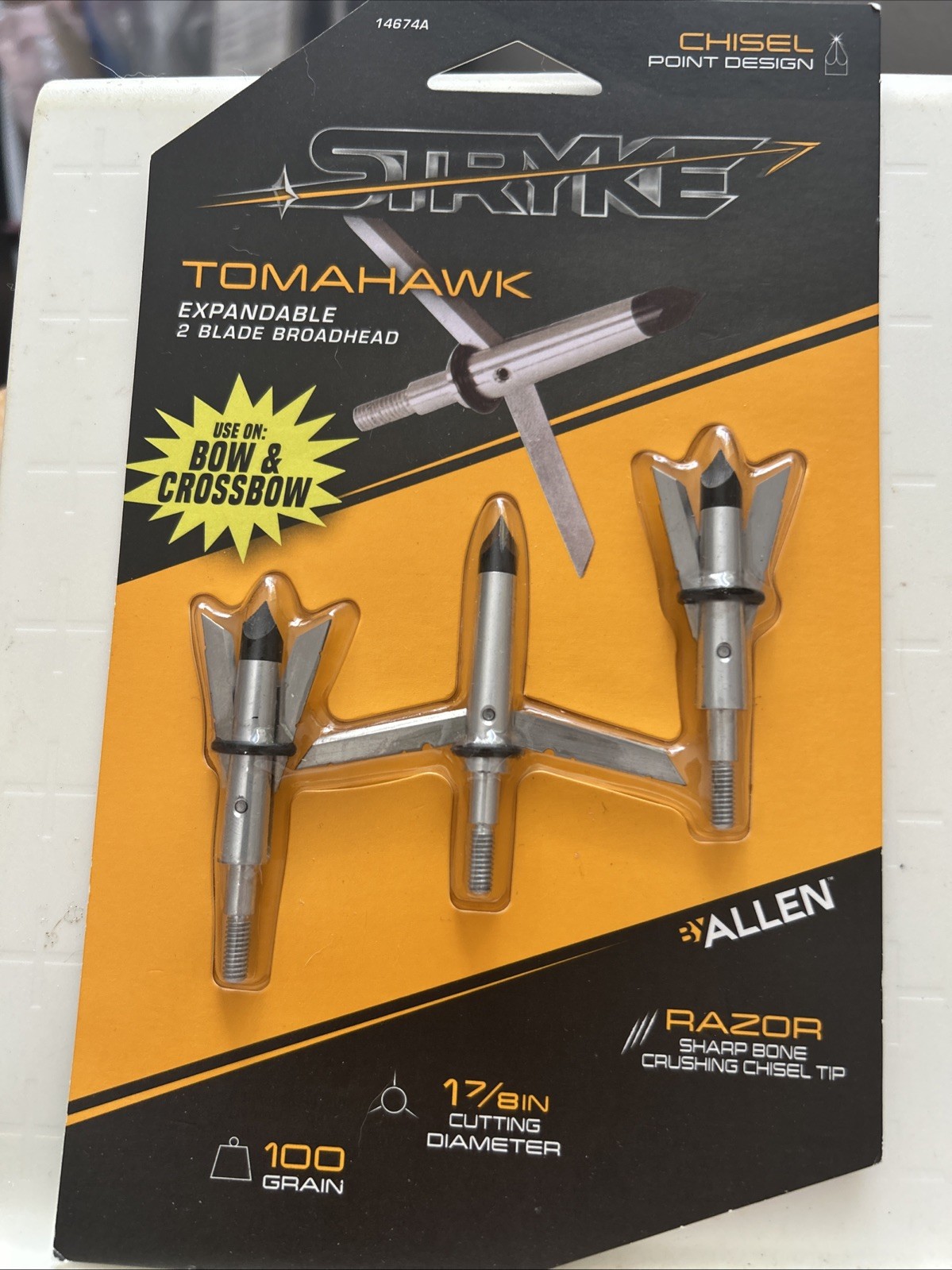 Allen Stryke Tomahawk Expandable 2 Blade 100 GRAIN Broadhead chisel Tip 1-7/8 "