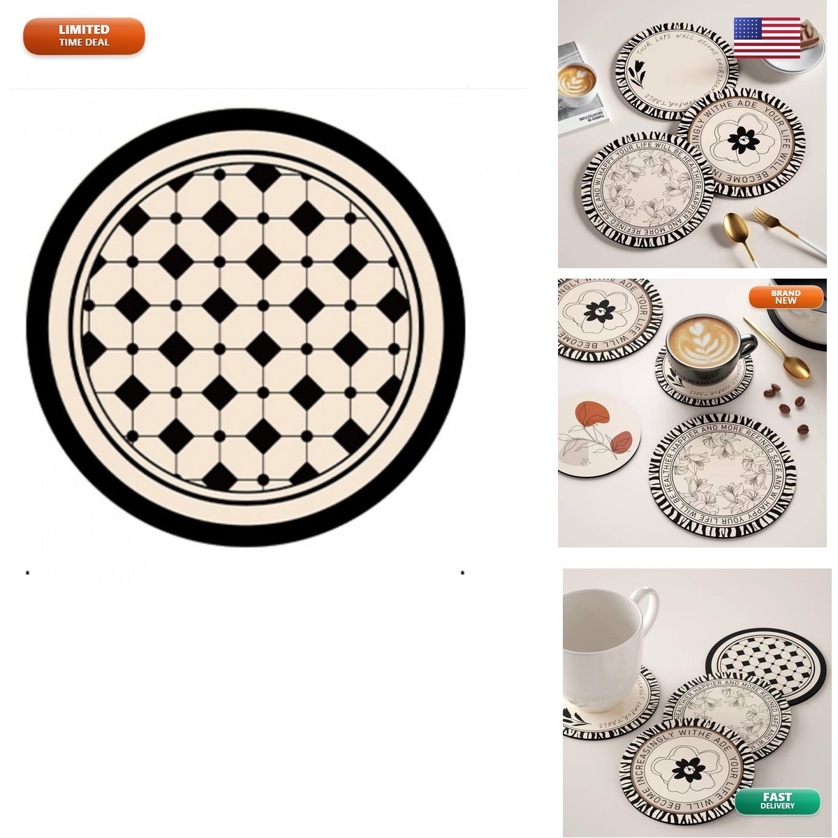 Boho Vintage Ceramic Coasters Cork Backing Neutral Floral Geometric Pattern Set
