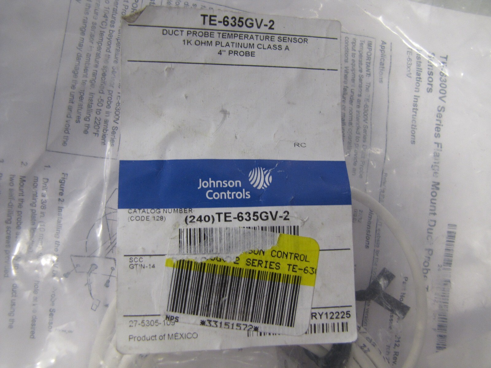 Johnson Controls TE-635GV-2 Duct Probe Temperature Sensor 4" Probe NEW