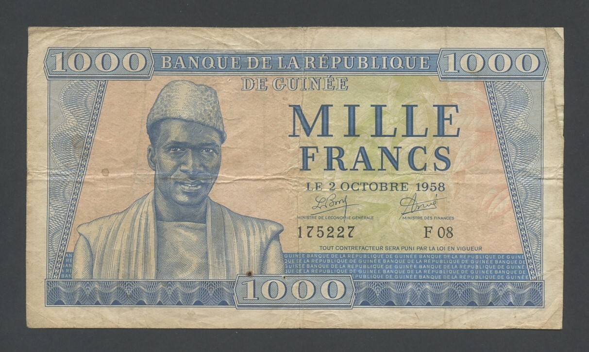 GUINEA 1000 francs 1958 Krause 9 VG-Fine Banknotes
