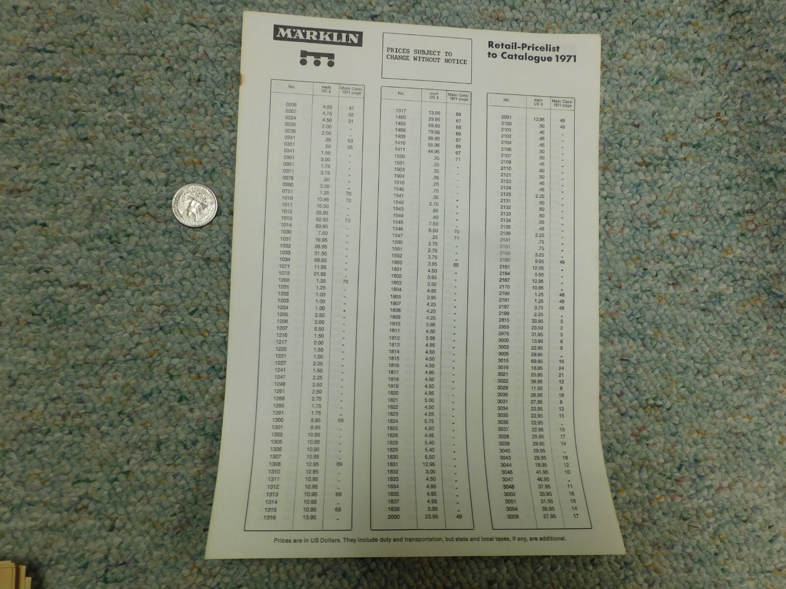 Marklin 1971 USA price list 4 pages
