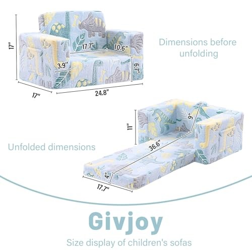 Toddler Chair Kids Couch, 2-in-1 Toddler Soft Sherpa Couch Fold Green Dinosaur