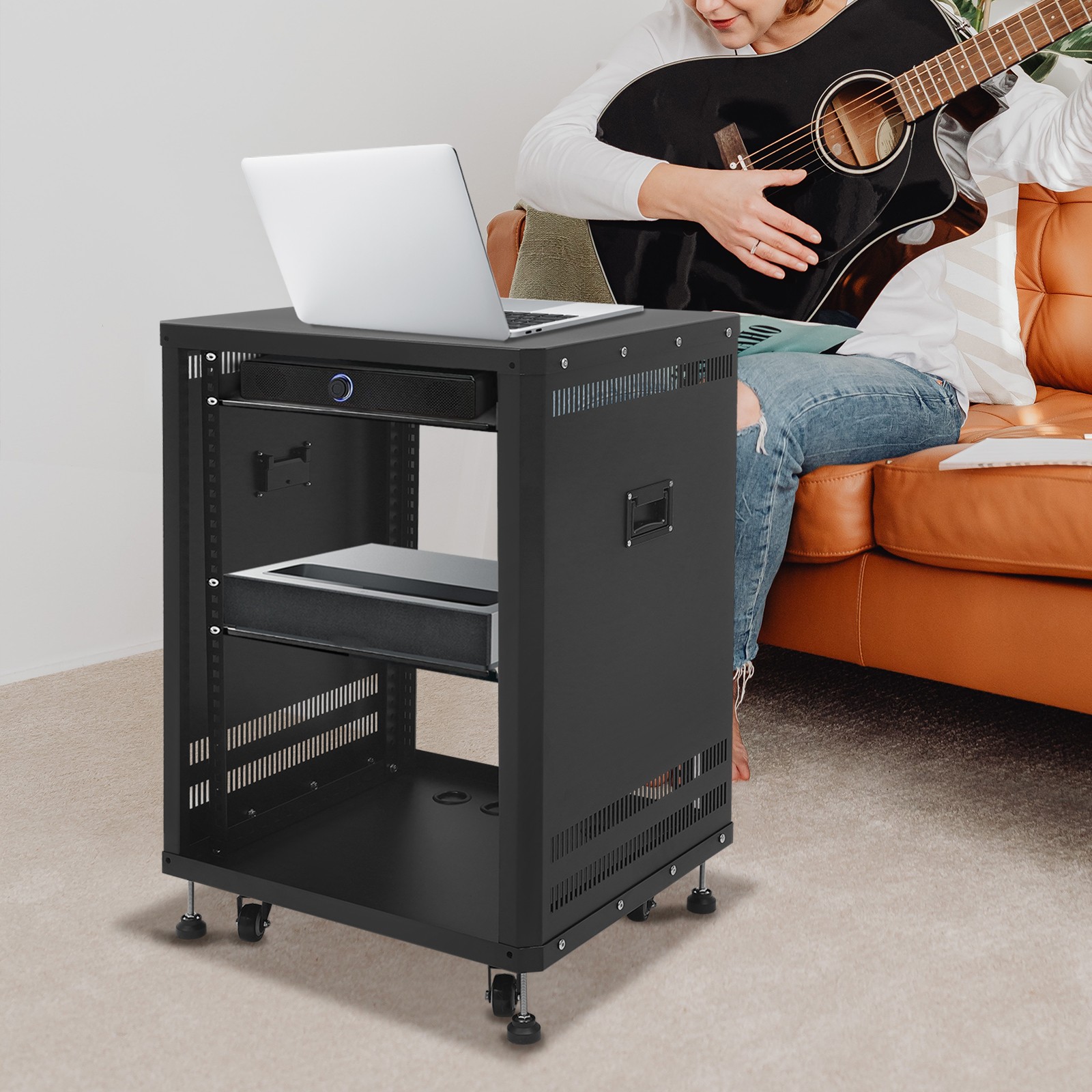 15U Audio Rack, Audio Rack with Feet & Wheels, Rolling Studio Rack Case