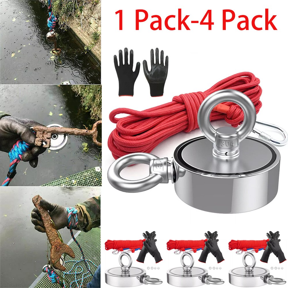 Fishing Magnet Kit Double Sided Pull Force Strong Neodymium + Rope + Carabiner