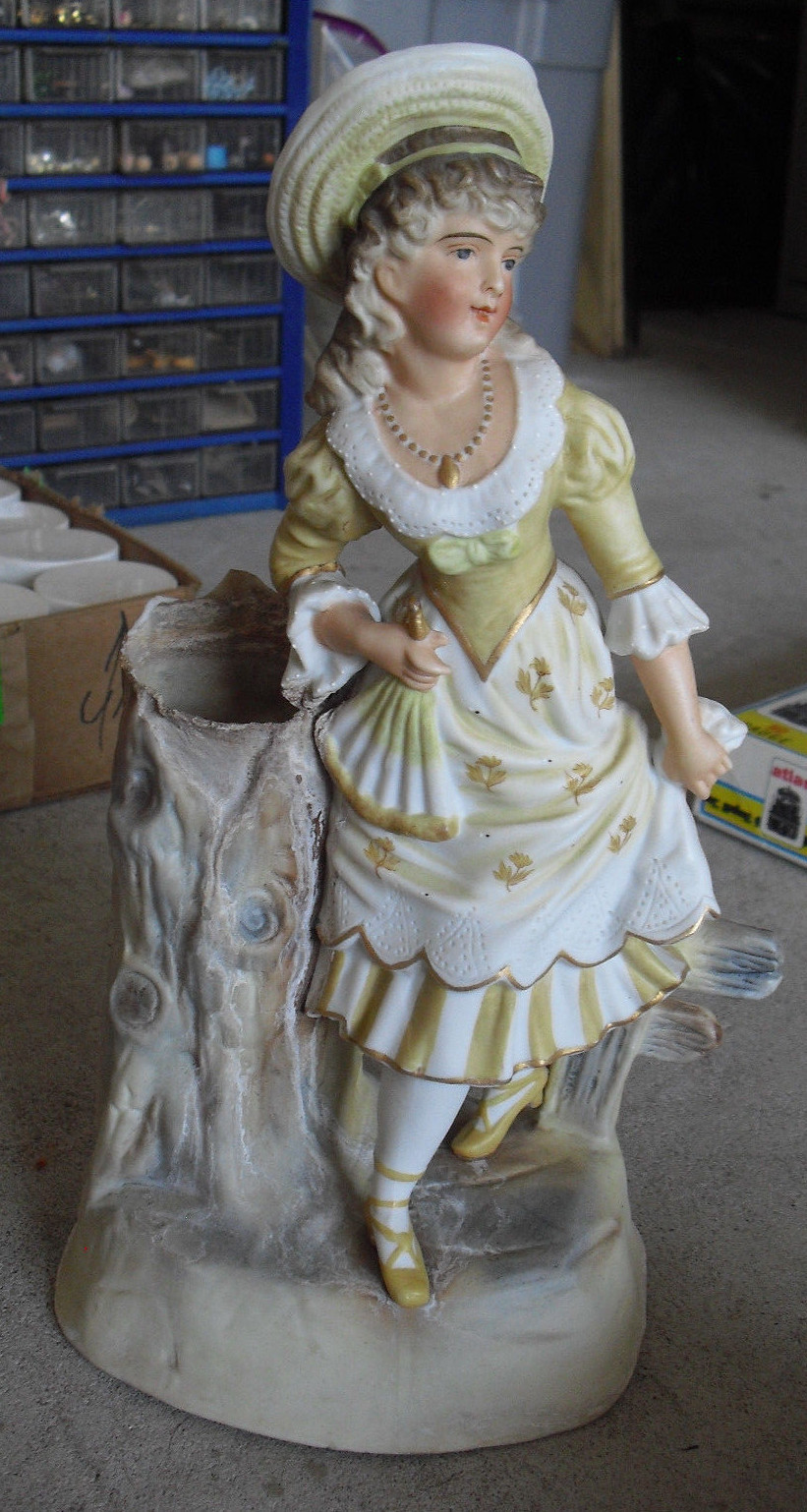Vintage 1920s Germany Bisque Girl by Tree Stump Vase Planter 11" Tall
