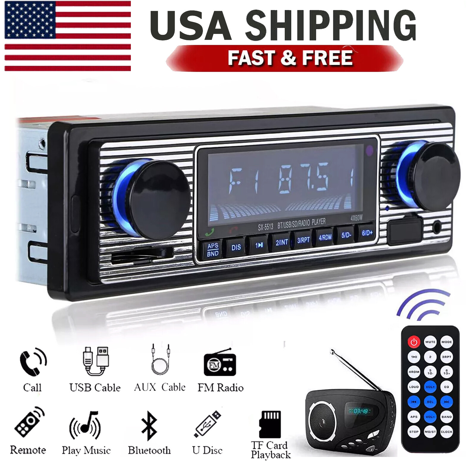 Bluetooth Vintage Car FM Radio MP3 Player USB Classic Stereo Audio Receiver AUX