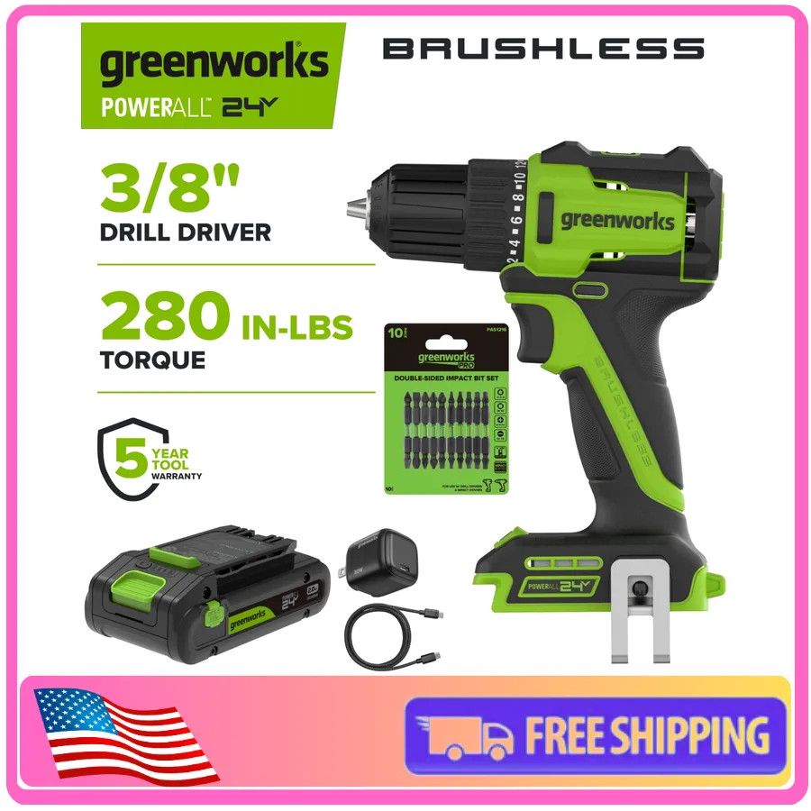 Greenworks 24V Brushless 3/8 Inch Drill Driver with 2Ah USB-C Battery DD330A7