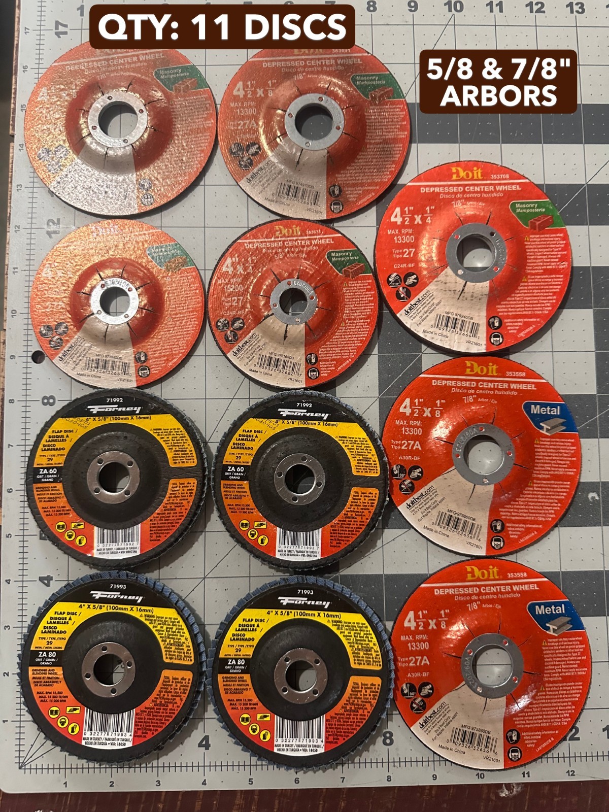 BULK 11-PACK lot Forney 4" X 5/8" Zirconia Aluminum Oxide Flap Disc 60 Grit