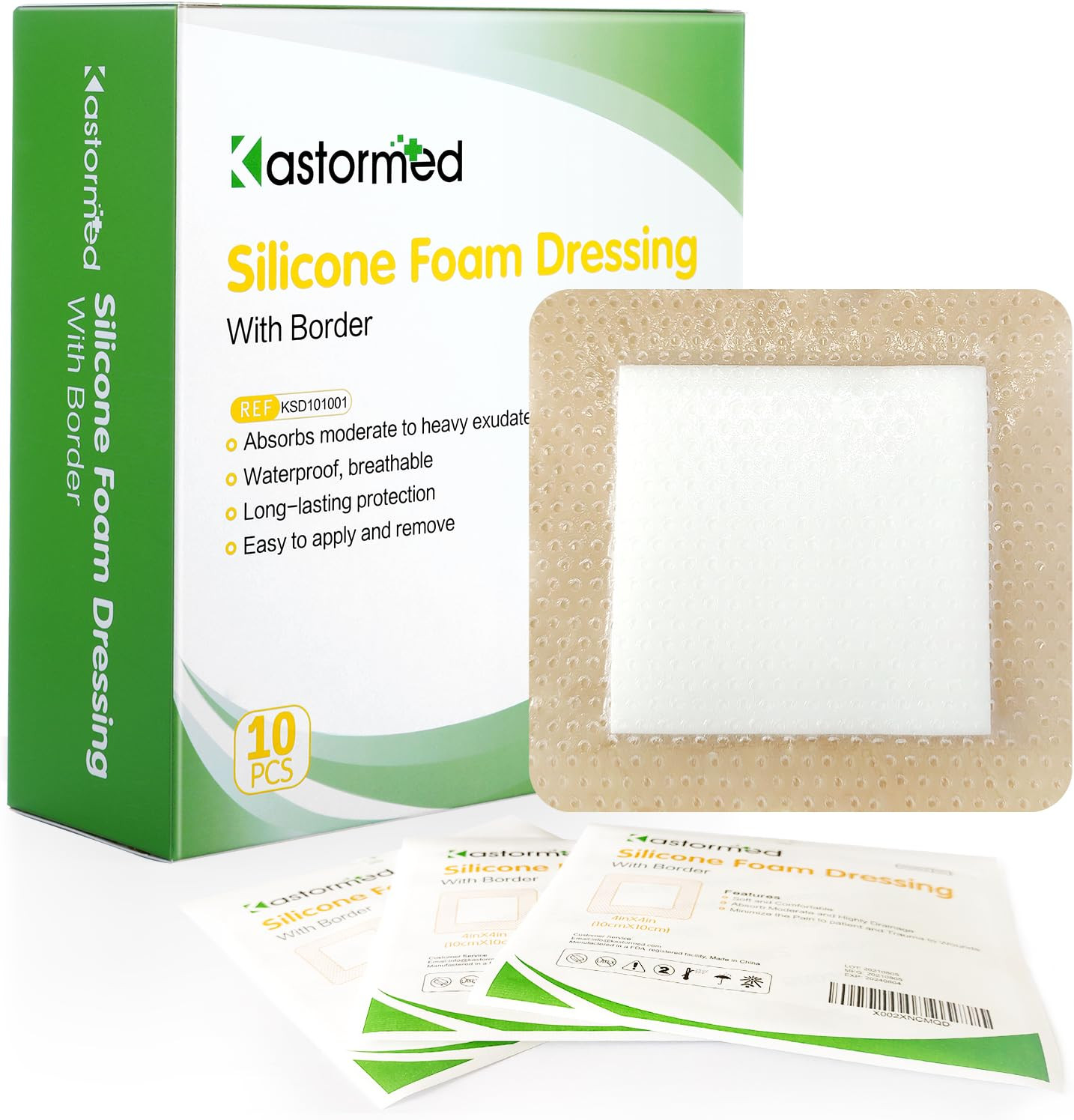 Silicone Adhesive Foam Dressing with Gentle Border 4''X4'' 10 Pack, High Absorbe