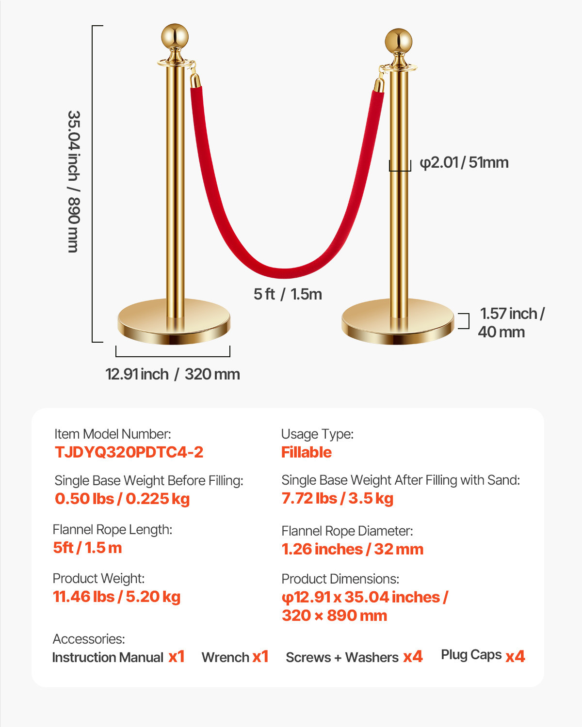 4 Pcs Gold Stanchion Post 2 Red Velvet Ropes Sand Injection Hollow Base