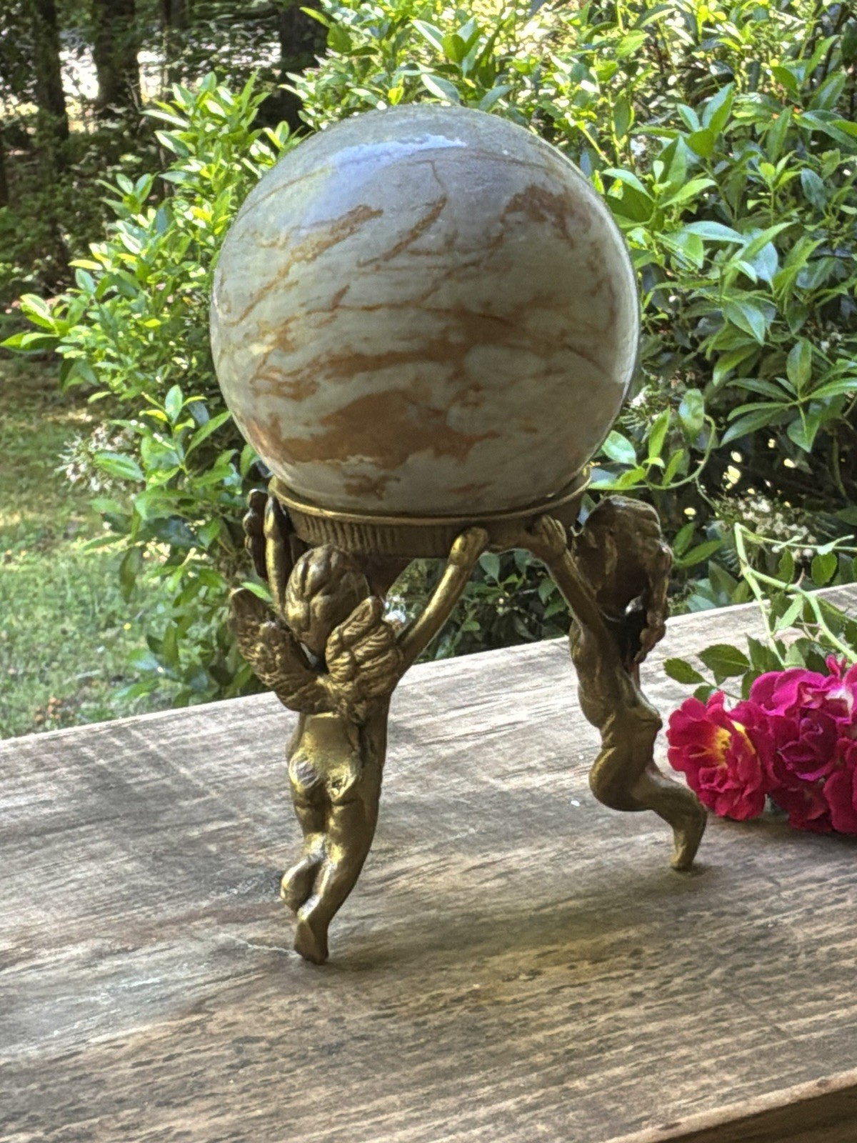 Vintage Cherub Marble Globe Putti Angel Brass Base