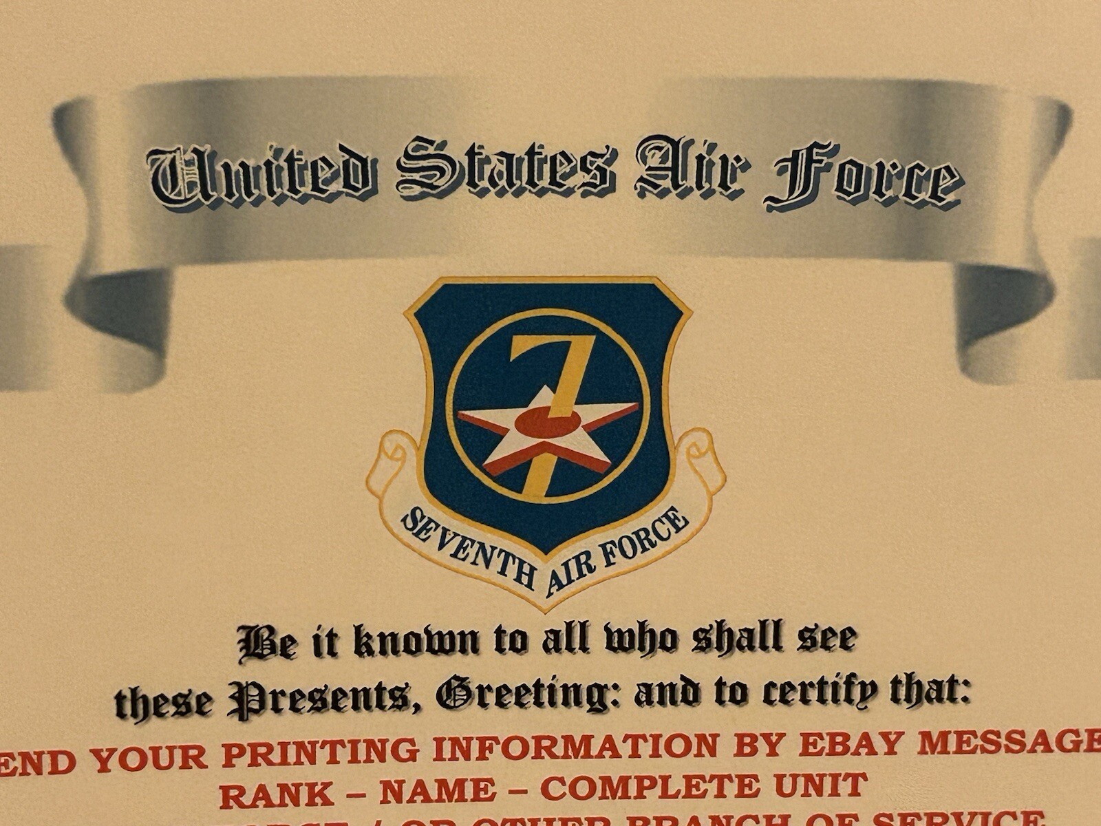 U.S. AIR FORCE / SEVENTH AIR FORCE - OUTSTANDING UNIT AWARD CERTIFICATE