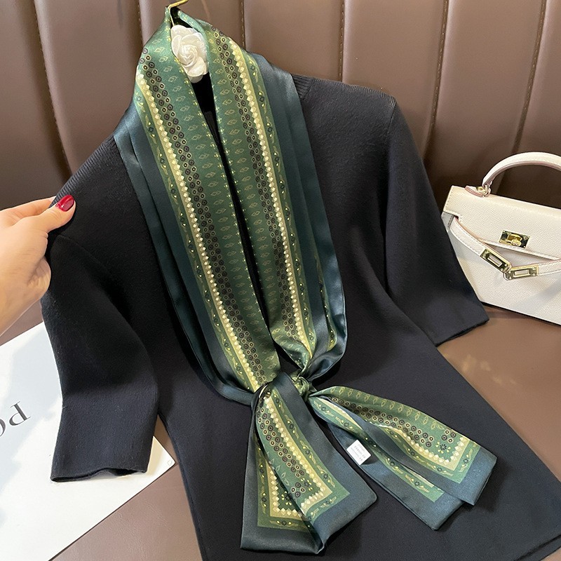 100% Silk Long Scarf Women Men Vintage Green Rhomboid Neckerchief Tied 150*15cm