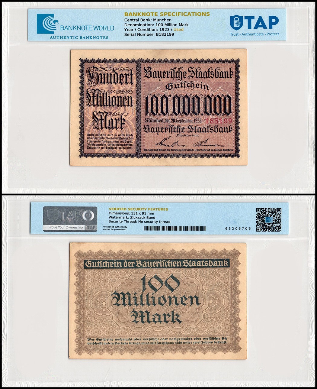 Munich 100 Million Mark Notgeld, 1923, Keller #3657, Used, TAP Authenticated