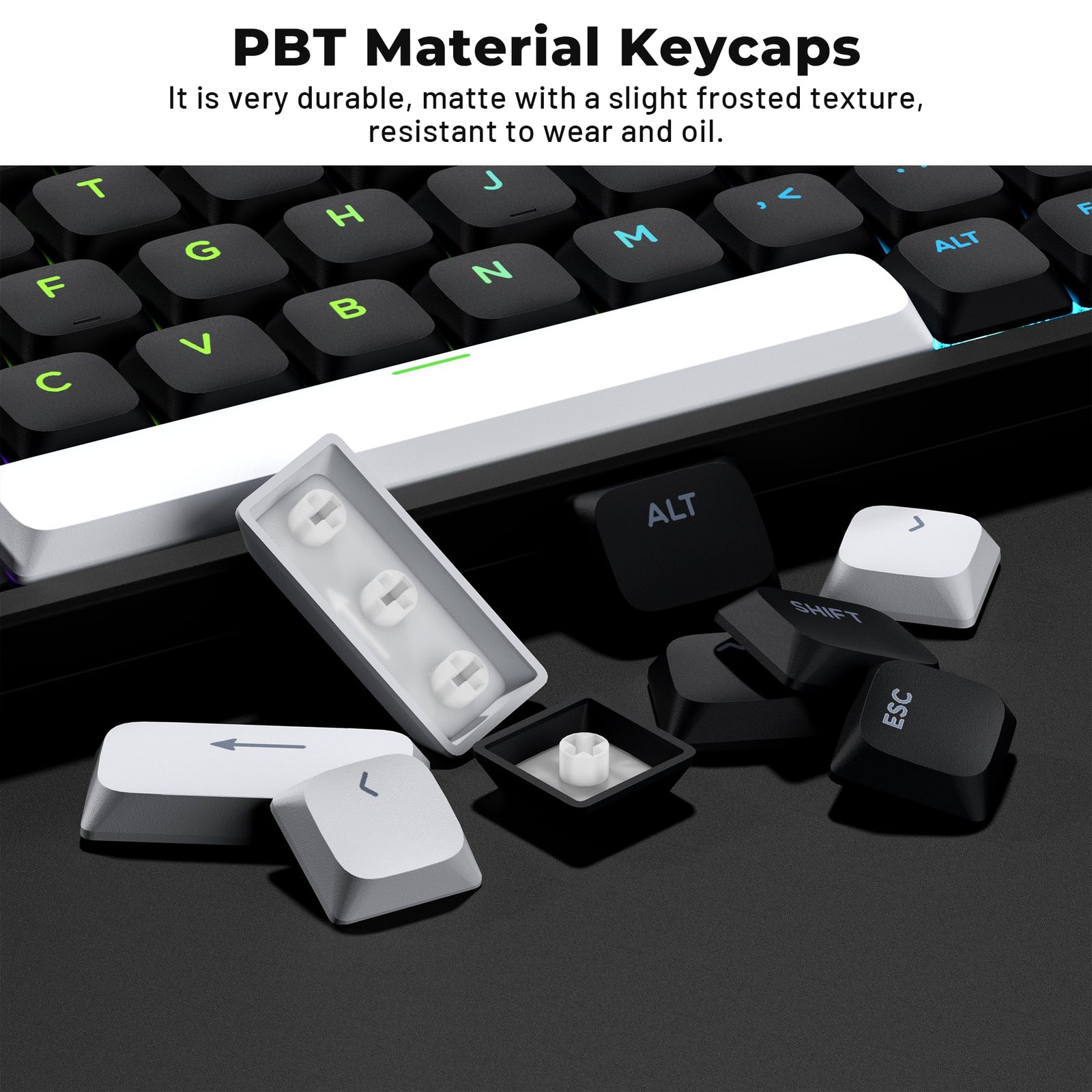 XVX Low Profile Black Keycaps, Shine Through Keycap Sets, black and white2