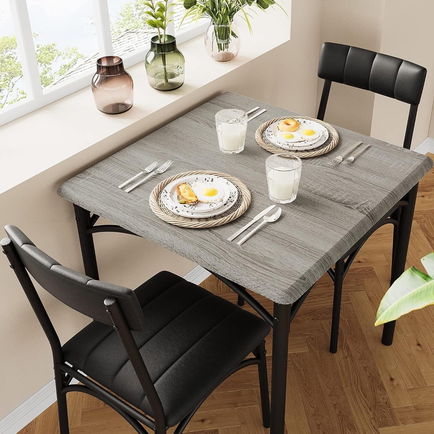 Modern Square 3Pcs Dining Set for 2 w/Upholstered Chairs, Compact, Easy Assembly